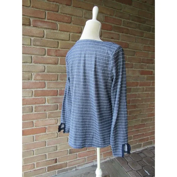 Talbots Striped Knit Top Criss Cross Detail Women's Medium Casual Ruffle Cuff - Picture 6 of 13